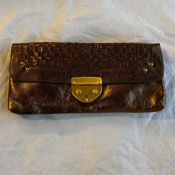 Elliott Luca -Authentic Leather Metallic Bronze Clutch With Gold Hardware - Picture 1 of 6